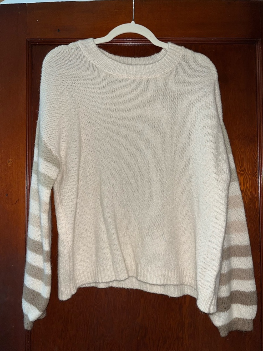Pink Lily Cream Sweater with Tan Striped Sleeves